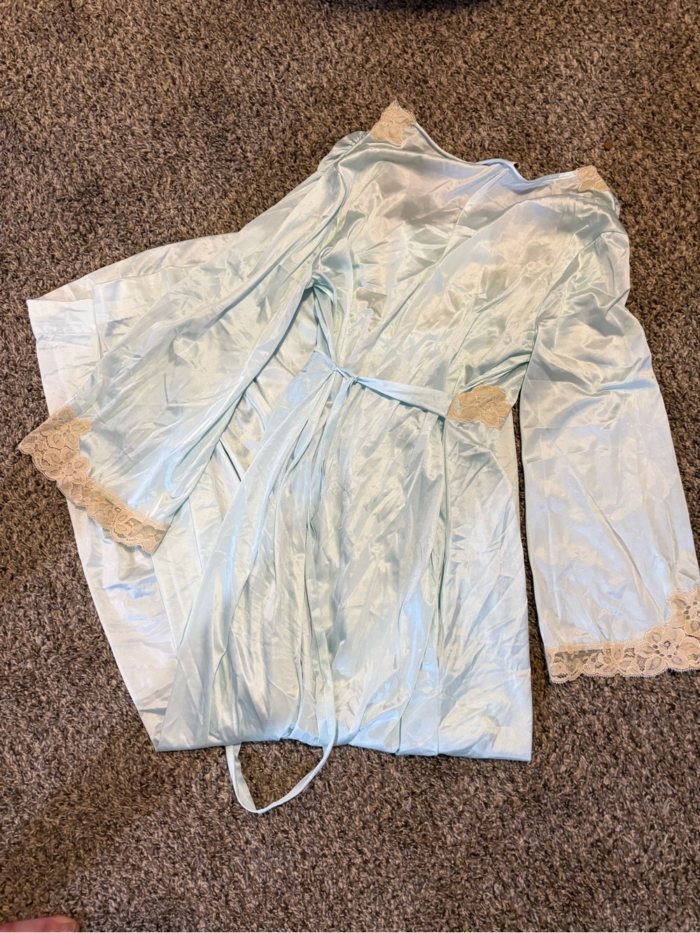 Vintage the fashion place Sears. Light Blue Satin Long Robe with Cream Lace Trim - Picture 2 of 4